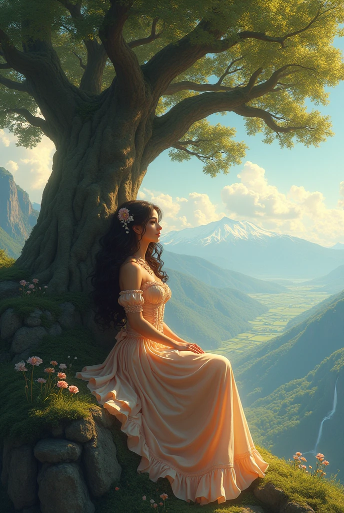 a brunette girl, with a very attractive body and long curly hair that almost touches her feet , she is under the shade of a gigantic tree the size of Everest. The tree is on the highest mountain above the clouds almost in the sky, the view is stunning both of the landscape and the girl&#39;s beautiful body, your hair moves in the gentle breeze and the sun shines on it, She is extremely sexy dressed as a princess and in her hair she has a bow with brightly colored flowers, Although she is short, she has a big ass and beautiful breasts, she admires the distant green fields and waterfalls full of life, sitting in the tree a man with yellow hair rests from a battle 