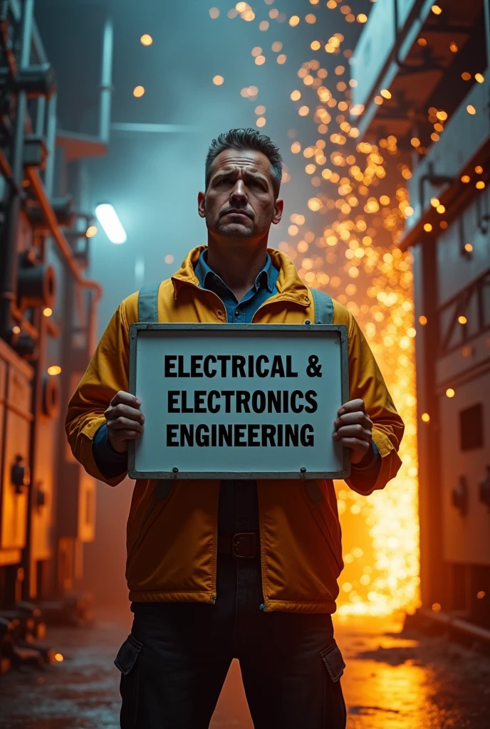Generate an image of a male electrical engineer standing in front of a power room with sparks and electrical discharges in the background. He is wearing a concerned expression and holding his hands back while looking at a board or flex with 'ELECTRICAL & ELECTRONICS ENGINEERING' written on it. The atmosphere should be tense and dangerous, with a sense of high voltage and electricity in the air."