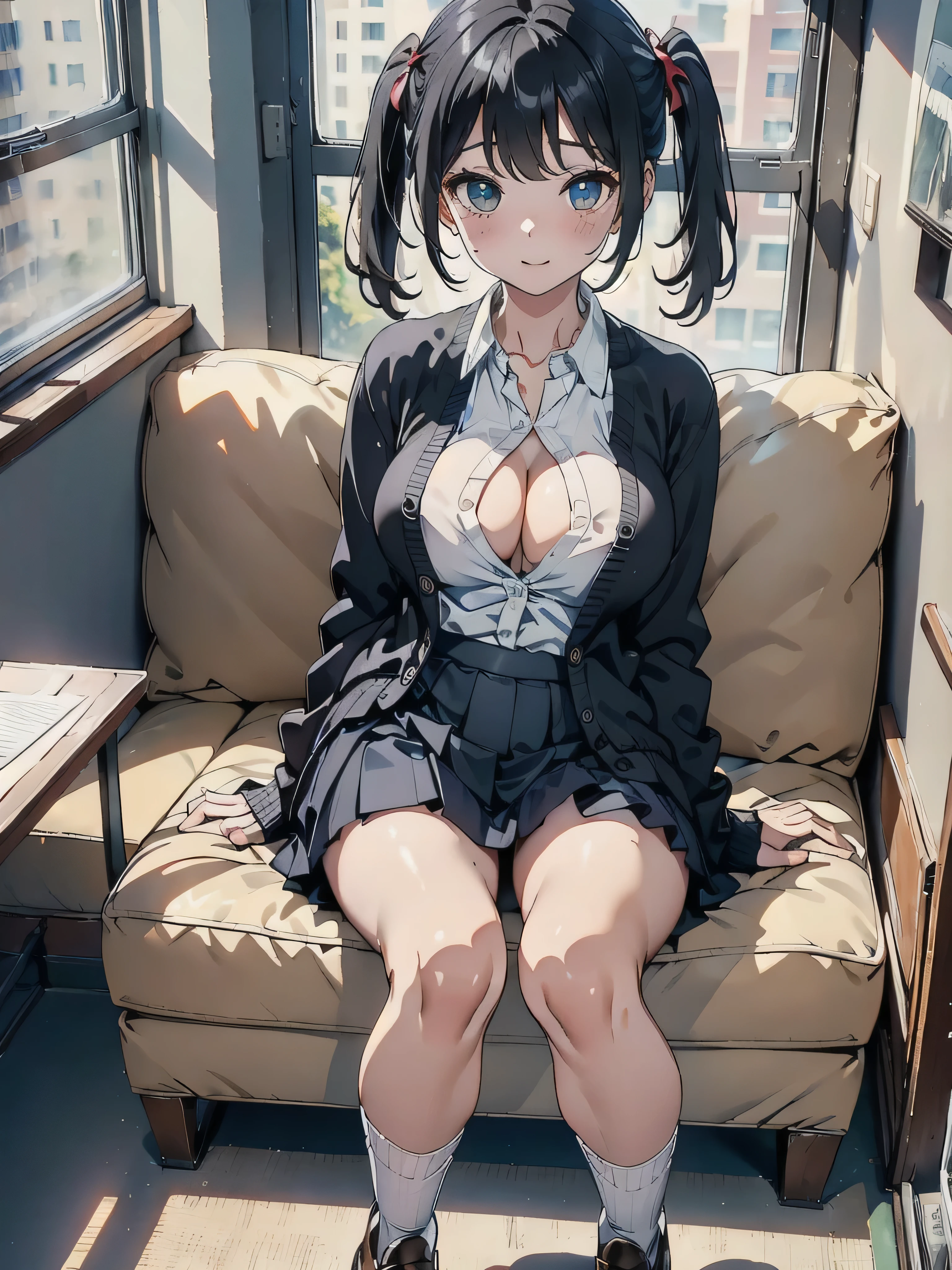 (8k, RAW Photos, Highest quality, masterpiece:1.2), Boob proportions、((solo:1.2))、White Shirt、cardigan、Open shirt、mini skirt、White knee-high socks、Black Loafers、Black hair pigtails、Sitting on the sofa、