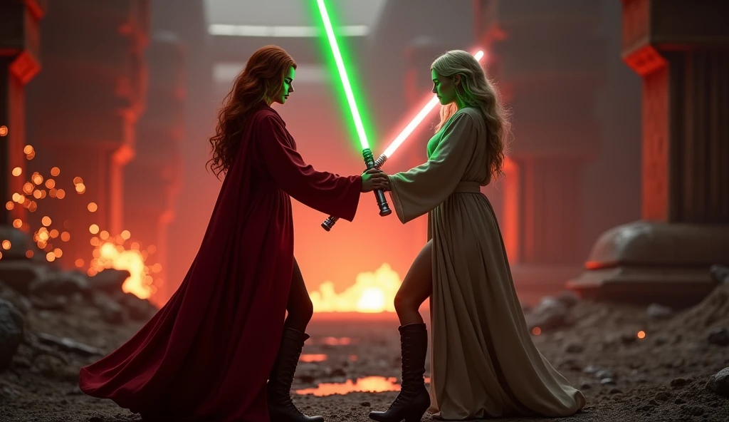 (full body shot:1) photorealistic image of two (standing pose:1) women, ultrarealistic, photography, one with long red hair, woman, 24 years old, hourglass figure, perfect body, seductive look, natural medium breasts, blur background, in complete darkness, she is wearing a sith robe, she is holding a red lightsaber, the lightsaber is the only lightsource, on a dark destroyed spacestation, explosion in the background, long sexy legs, lightsaber battle against a blonde, 30 years old, curvy figure, she is wearing a jedi robe, she is holding one green lightsaber, side view, crossing lightsabers in a powerful battle, clashing lightsabers, sparks are flying where the lightsabers connect, dynamic shot, action shot
