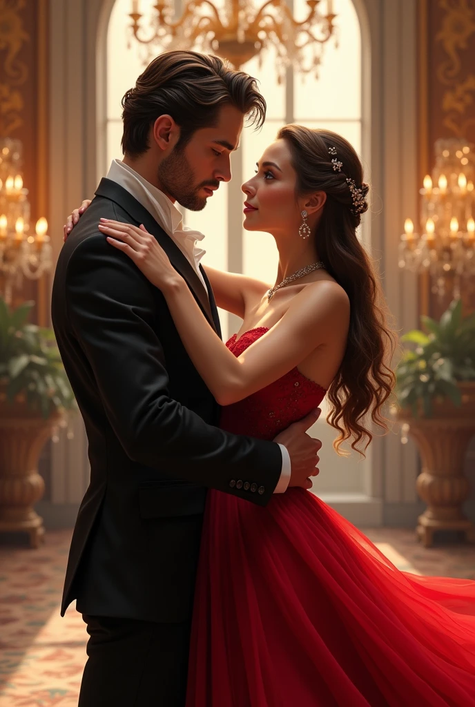POV of a girl being in the arms of her man dancing in a ball, the man is really handsome, looking directly into her eyes, his beautiful blue eyes, dark hair, beautiful facial features. Make the girl wearing a red gown, long brown hair with princess braid