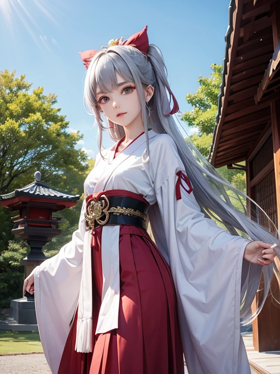 Two beautiful girls、Shrine maiden、Shrine maiden服、Kagura dance、dedication、shrine、Silver Hair、Jade green eyes