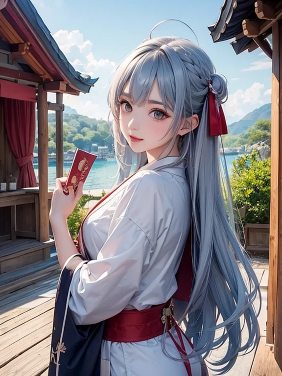 Two beautiful girls、Shrine maiden、Shrine maiden服、Kagura dance、dedication、shrine、Silver Hair、Jade green eyes