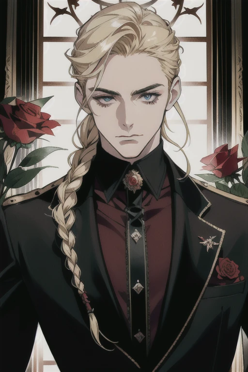 (absurderes, high resolution, ultra detaild), 1 men, grown-up, bonitas, tall and muscular guy, broadshouldered, finely detailed eyes and detailed face, Blonde hair with long braid, Eyes red, bonitas, Suit, fancy, 's uniform, real, Gothic, vampyre, flowers blooming flowers blooming, red roses, lighting sun, Fantastic light and shadow, scenario, portraite, presas de vampyre, gaping mouth, sensuous, appealing, offering a red rose