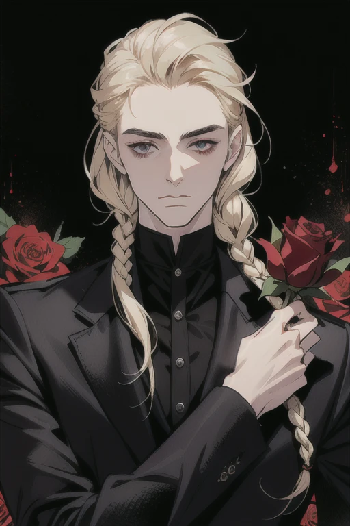 (absurderes, high resolution, ultra detaild), 1 men, grown-up, bonitas, tall and muscular guy, broadshouldered, finely detailed eyes and detailed face, Blonde hair with long braid, Eyes red, bonitas, Suit, fancy, 's uniform, real, Gothic, vampyre, flowers blooming flowers blooming, red roses, lighting sun, Fantastic light and shadow, scenario, portraite, presas de vampyre, gaping mouth, sensuous, appealing, offering a red rose