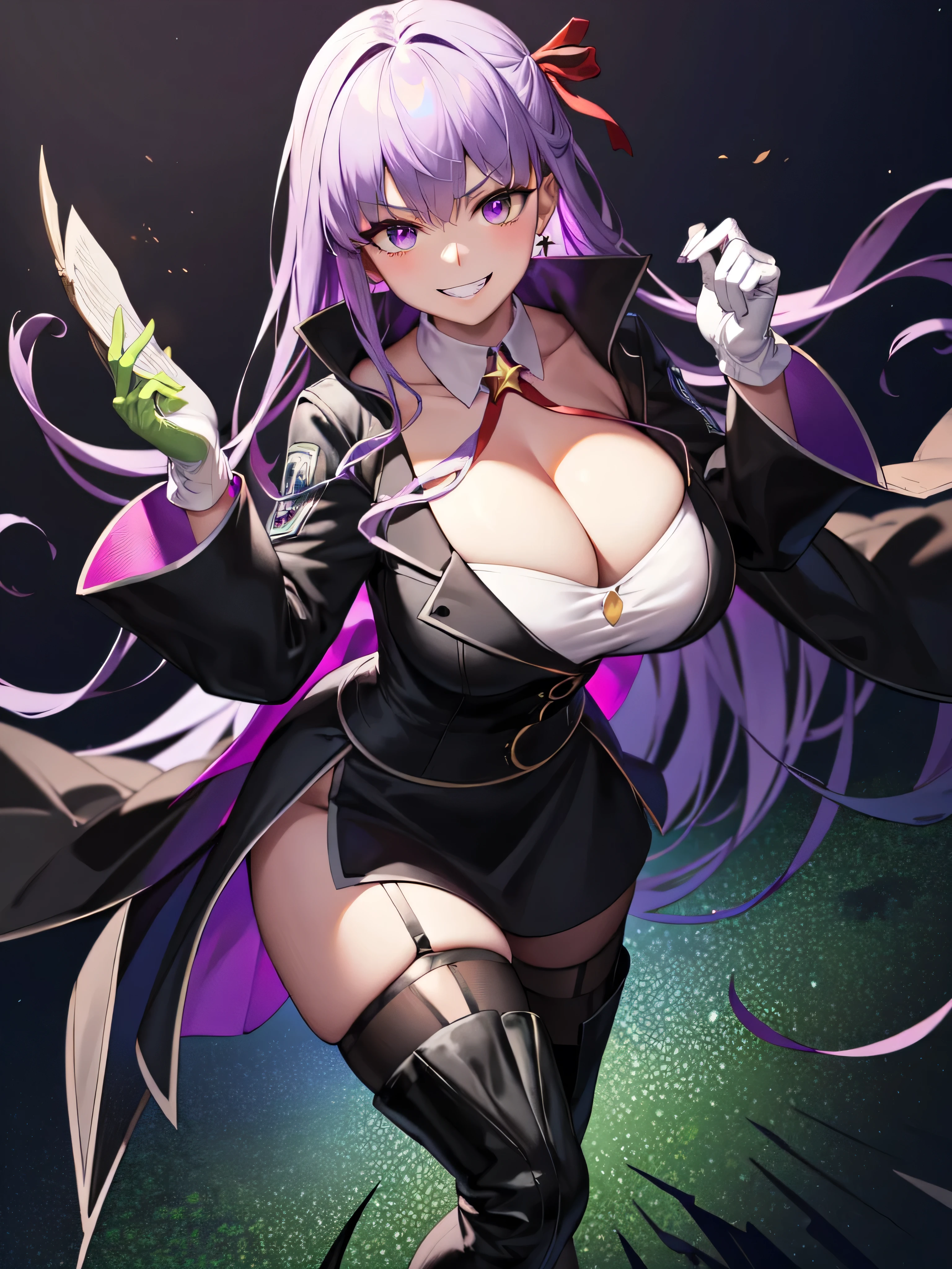  Isoscale, Mid Shot,  night, ,,, Purple Hair, Black jacket, White shirt, Black Skirt, Red ribbon, Big Breasts, Purple eyes, White gloves, Long Hair, Large collar, Wicked Smile,Grin,Thigh-high boots,(Wicked Smile:1.3),Highly detailed CG Unity 8K wallpapers, Perfect lighting,smile,最もWicked Smile,too evil Grin,Looking down at the viewer,,Bad smile,,Such a wicked smile,Dark world background,deep shaded face(eyes in shadow),solo,