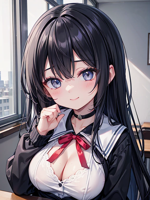 8k, Highest quality, masterpiece, Lively, Real person, Unity 8k による壁紙, (One Girl) , Beautiful Eyes, (Delicate face) , Perfect detail, (Best lighting) , (Very intricate details) 、{Close-up:1.4}、Upper body、School classroom、Natural soft light、Positive:1.2, Facing the audience、Laughter、Smiling girl、Take a seat in the classroom、Upper body、High School Uniform, {Black Sailor Suit:1.2}、{Red ribbon}、{Long sleeve}、Cleavage、Big ample breasts,Beautiful breasts、A small choker worn around the neck、Wearing a proper uniform、Woman facing forward,Delicate makeup,Close your mouth,Iris,Semi-long hair、Short bangs, (Black-haired:1.2)、Hair color blue gray gradation,