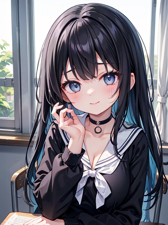 8k, Highest quality, masterpiece, Lively, Real person, Unity 8k による壁紙, (One Girl) , Beautiful Eyes, (Delicate face) , Perfect detail, (Best lighting) , (Very intricate details) 、{Close-up:1.4}、Upper body、School classroom、Natural soft light、Positive:1.2, Facing the audience、Laughter、Smiling girl、Take a seat in the classroom、Upper body、High School Uniform, {Black Sailor Suit:1.2}、{Red ribbon}、{Long sleeve}、Cleavage、Big ample breasts,Beautiful breasts、A small choker worn around the neck、Wearing a proper uniform、Woman facing forward,Delicate makeup,Close your mouth,Iris,Semi-long hair、Short bangs, (Black-haired:1.2)、Hair color blue gray gradation,