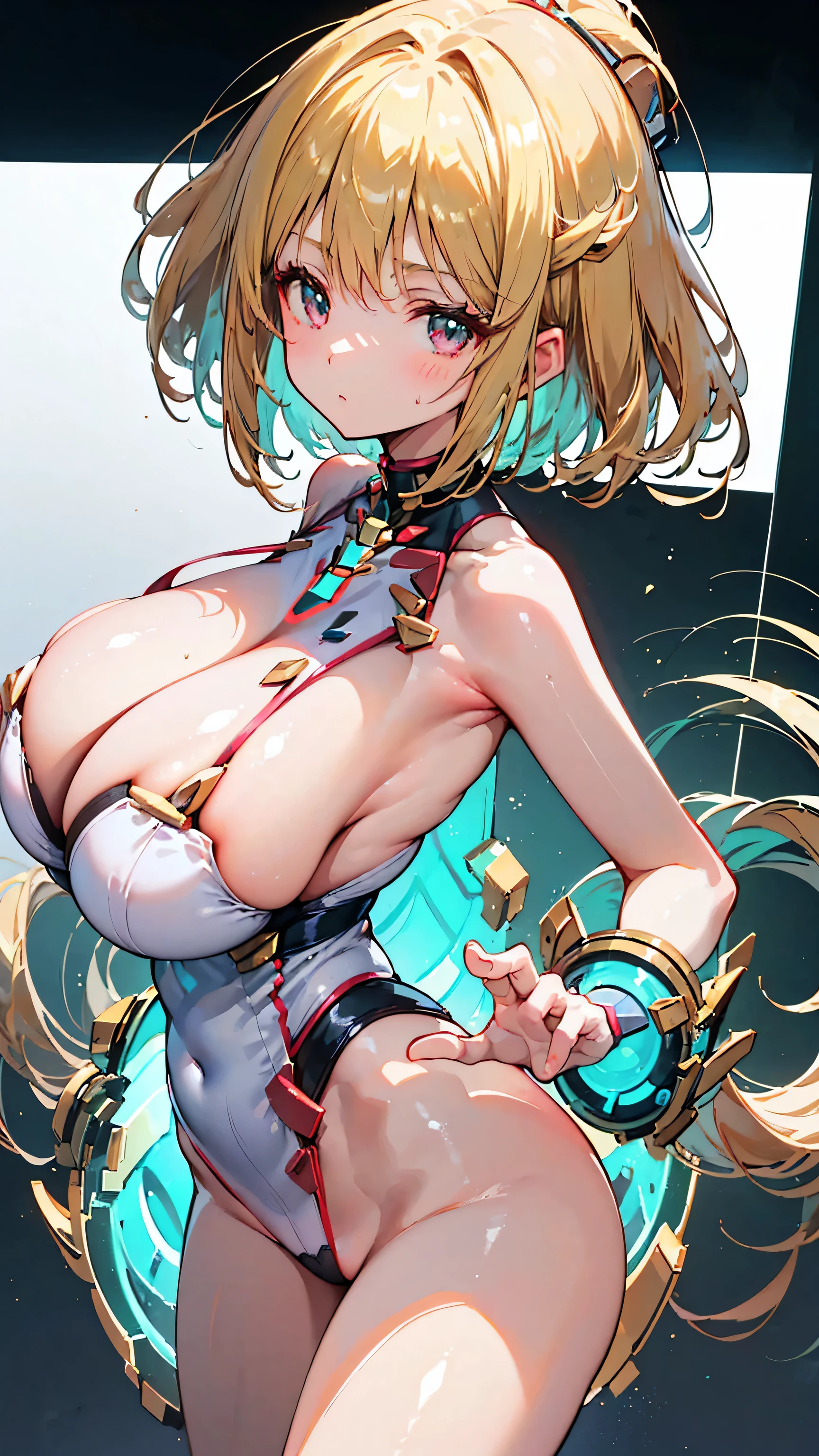 Ultra-high resolution, 8k,high quality,(((Xenoblade))),(Oblique angle,Cunning Hand),(Young Girl、glowing、iridescent light,soft shadow,Anime Painting,thin line drawing),One Little Woman,(((Huge breasts,Shapely round breasts))),