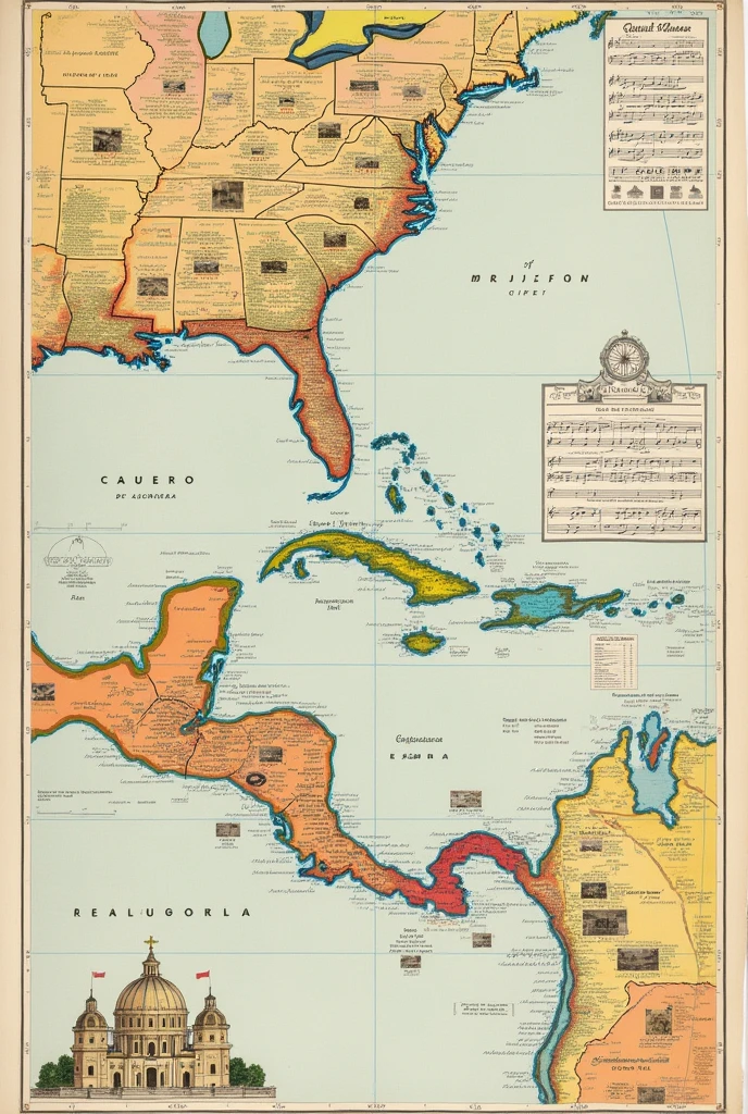 Image of a map of the expansion of the bolero musical genre with musical notes and on one side it says Cuba with colored musical notes