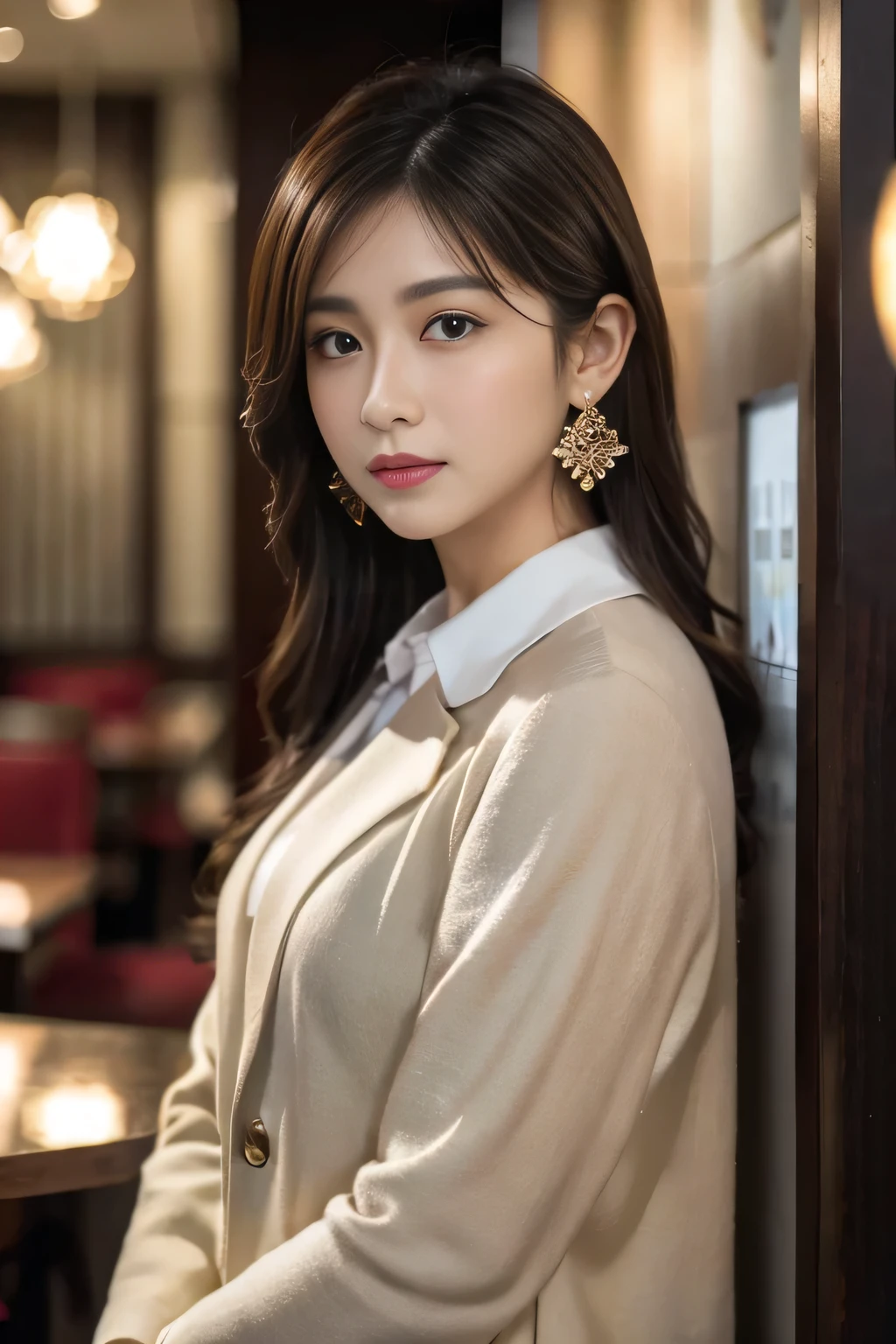 masterpiece, Highest quality, Realistic, Very detailed, Finer details, High resolution, 8k wallpaper, One beautiful woman, Wear casual business attire, In a great restaurant, At night, Light brown messy hair, Perfect dynamic composition, Beautiful and beautiful eyes、Big earrings