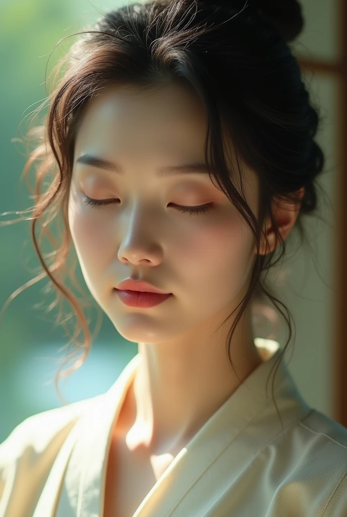 An elegantly dressed Japanese woman in natural light、A close-up of her chest and calm expression.、It shows her inner peace and outer charm.。