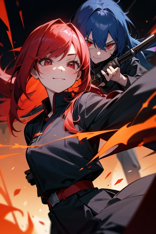black eye.smile, Inner Color, Hide your ears, Long Hair, chest, Redhead, ,cute,Rifles,Aiming red eyes, Bob Hair, Navy Blue Hair, 大きなchest, Portraits, cute.Black Ninja Uniform,knife,Cut and run Two people female Highway at ht