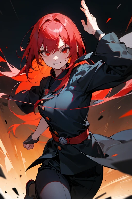 black eye.smile, Inner Color, Hide your ears, Long Hair, chest, Redhead, ,cute,Rifles,Aiming red eyes, Bob Hair, Navy Blue Hair, 大きなchest, Portraits, cute.Black Ninja Uniform,knife,Cut and run Two people female Highway at night