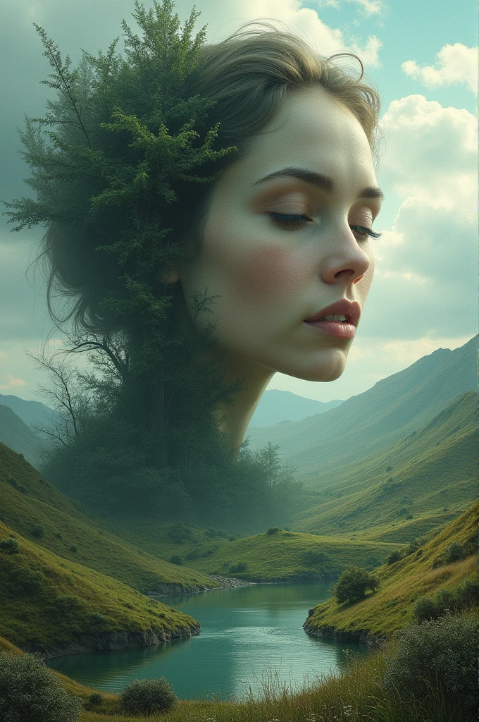 Create an image that when you look closely you see a landscape but from a distance you see a woman. 