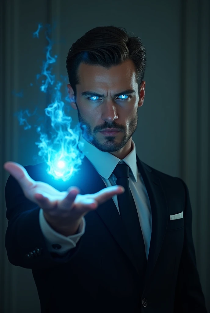A ( handsome man , black suit , Magical glowing blue eyes , snapping his fingers front view