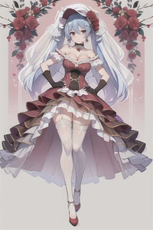 prinz eugen \(warship girls r\),((masterpiece)),(((best quality))),((ultra-detailed)),((illustration)),((disheveled hair)),((frills)),(1 girl),(solo),1girl, bangs, bare shoulders, black footwear, braid, breasts, choker, cleavage, dress, earrings, eyebrows visible through hair, flower, full body, fur trim, gloves, gradient, hair between eyes, hand on hip, hat, hat flower, high heels, jewelry, knife, large breasts, layered dress, looking at viewer, medium breasts, pantyhose, pink rose, purple rose, (red lace dress:1.4), red flower, red rose, rose, rose petals, smile, solo, standing, two-sided fabric, white headwear, white rose, Standing, Ball gown dress, stockings, (brown stockings:1.4), (translucent stockings:1.2), (translucent gloves:1.2), wedding dress, Lace long wedding dress, (translucent Wedding Dress:1.2), Red eyes with highlights, Blue short hair(delicate eyes),twintails