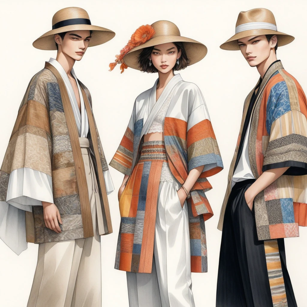 candid fashion illustration a group of young 2man and 1girl, aged 18-23 year old, tall and slender, Mixed race male super model, ((showcase fashionable Lenin outfits inspired by designer Christian Dior resort collection)), in elegant modern Mixed patchwork or collage of ethnic cloth details, e-co print, natural Earth tone color. The 1st man wears an oversized shirt with embroidery and lace details, paired with slim-fit Pants. The 2nd man complements him in a shirt decorate with lace and an oversized Yukata Jacket with ethnic woven details, paired with big striped Drawstring short. a woman wears patchwork skirt with short-sleeved boluses, frill-trimmed neckline with minimal lace detail, and completes the look with white ensemble includes an accessorizes with a wide-brimmed straw hat, white sneakers. Captured in a ((full-body image)), simple model pose, ((simple water-color on white paper background)), realistic pencil lines, imperfect drawing, charcoal lines detail, fading sketch, fashion Sketching, low angle view, (full body image)