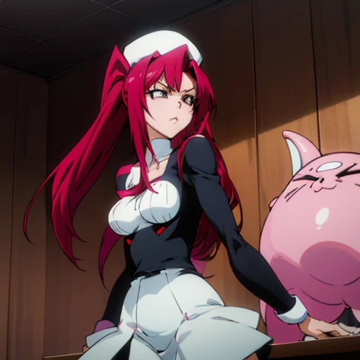 anime girl with red hair and white hat standing in the room, Rule 34, Ikki Tousen, meat anime style, tits, humanoid pink female squid girl, only, Ahegao, Udonai-Inaba travel, meat, best rating on pixiv, Yuri Misaki, revy black lagoon, ponytail, big black guy fucks girl , Black, Correct anatomy, Double check your anatomy, girl in a dress