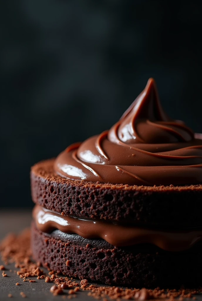 cinematic film still chocolate, chocolate cake, dark background, quality photo, moist texture, frosting, studio photo, slice . shallow depth of field, vignette, highly detailed, high budget, bokeh, cinemascope, moody, epic, gorgeous, film grain, grainy