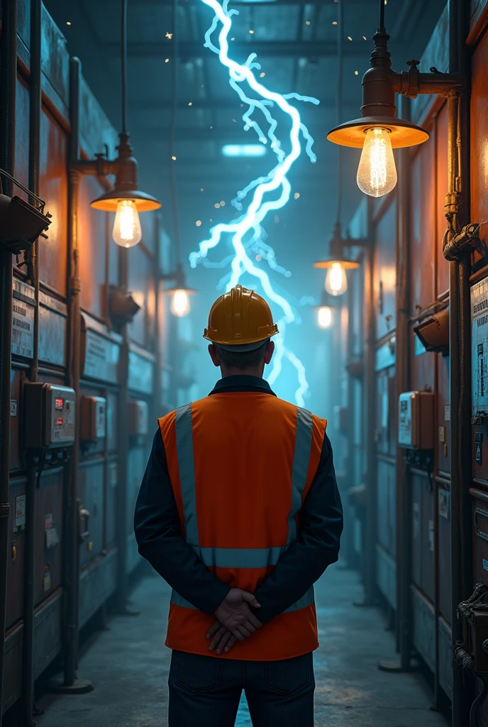 Generate an image of a male electrical engineer standing in front of a power room with sparks and electrical discharges in the background. He is wearing a concerned expression and holding his hands back while looking at a board or flex with 'ELECTRICAL & ELECTRONICS ENGINEERING' written on it. The atmosphere should be tense and dangerous, with a sense of high voltage and electricity in the air."