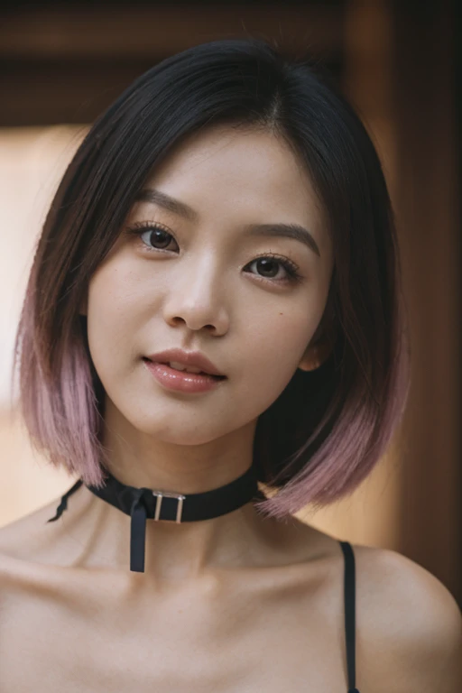 Prompt: Inspired by Michelle Chen (Michelle Chen), beautiful and attractive, 25-year-old Thai-Chinese lady, 162-centimeter height, natural-ivory skin tone, perfect face, small eyes, black eyes, ((Chinese droopy and monolid-eyes)), (clear-detailed eyes), centered-focus eyes, natural-gloss full lips, no-makeup looks, (2024 new-trend long bob haircut), ((pink, lavender and silver highlights on black hair)), (clear-detailed hairs), hourglass-slim figure, narrow shoulders, long neck, slim waist, rich-detailed skin texture, skin detention, (white crop-tops), high-waist blue skinny-denim, ((too-tight black color heart choker)), ((fine-detailed choker)), talk to the camera, sexy and funny in her eyes, studio portraiture, studio lighting, HDR, side view