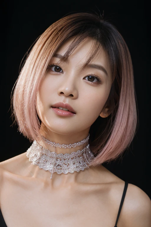 Prompt: Inspired by Michelle Chen (Michelle Chen), beautiful and attractive, 25-year-old Thai-Chinese lady, 162-centimeter height, natural-ivory skin tone, perfect face, small eyes, black eyes, ((Chinese droopy and monolid-eyes)), (clear-detailed eyes), centered-focus eyes, natural-gloss full lips, no-makeup looks, (2024 new-trend long bob haircut), ((pink, lavender and silver highlights on black hair)), (clear-detailed hairs), hourglass-slim figure, narrow shoulders, long neck, slim waist, rich-detailed skin texture, skin detention, (white crop-tops), high-waist blue skinny-denim, ((too-tight black color heart choker)), ((fine-detailed choker)), talk to the camera, sexy and funny in her eyes, studio portraiture, studio lighting, HDR, side view