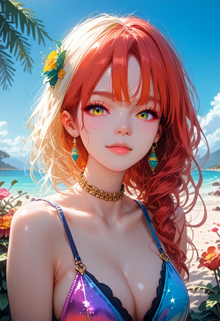 Beautiful Girl with a Nice Figure, Nearby Camel, sexy, Standing at an Oasis in the Desert Bowing His Head to Drink Water, scoops up water with his hand,looks at the viewer, Two hair colors(Bright red with yellow), The glitter falls on her,Very Colorful Picture, bright colors, masterpiece, Palm trees and greenery around the Oasis, Ripples on the water, Clear and Colorful Details, some Thorns and Flowers, pfstyle,cinematic film still,score_9,score_8_up,score_7_up,masterpiece,best quality,8k,source_cartoon,source_アニメ