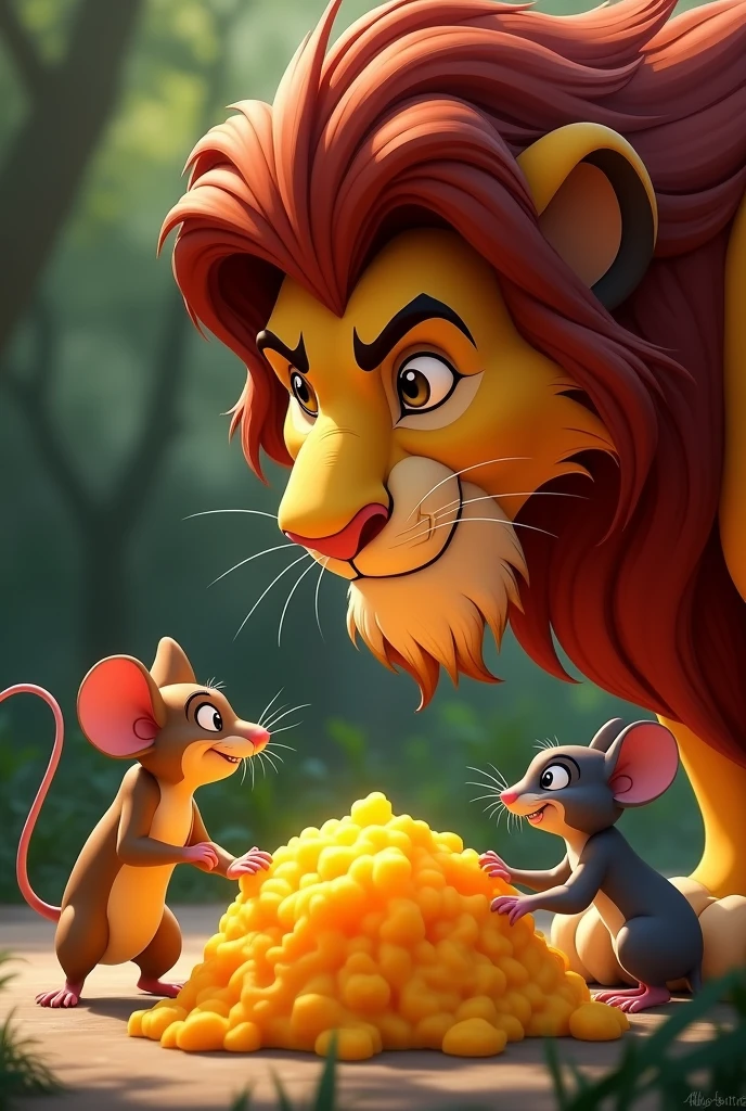 Deux souris discute aver le roi lion avec un gros monceau de fromage en leur possession, le roi lion etait occupé