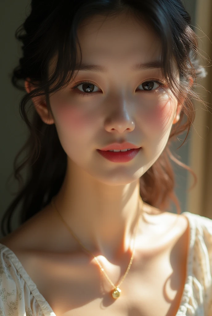 An elegantly dressed Japanese woman in natural light、A close-up of her breasts and blushing face.、Showcasing her inner pleasure and outer charm。