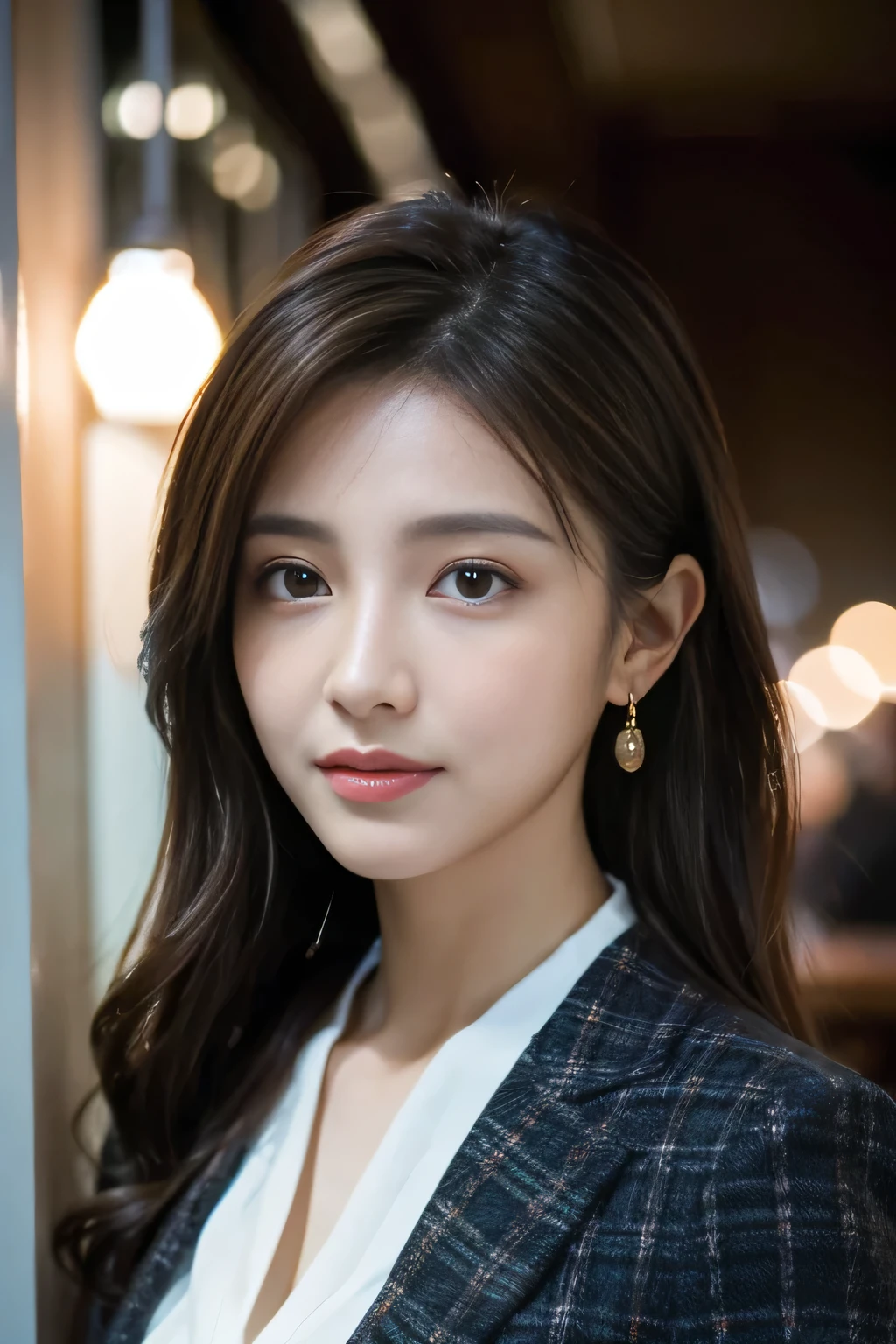 masterpiece, Highest quality, Realistic, Very detailed, Finer details, High resolution, 8k wallpaper, One beautiful woman, Wear casual business attire, In a great restaurant, At night, Light brown messy hair, Perfect dynamic composition, Beautiful and beautiful eyes、Big earrings