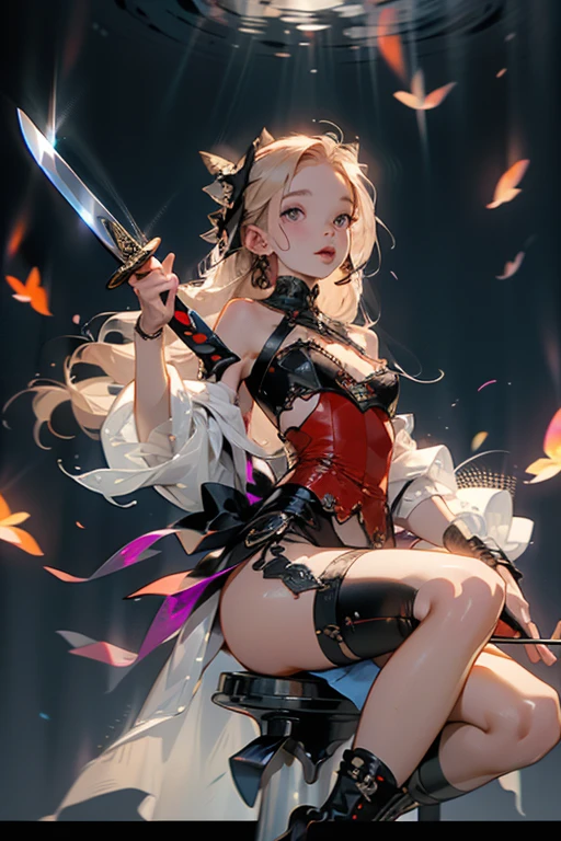 (((masterpiece, Highest quality, Very detailed))), (Female knight of the occult cult), ((((The blade has a digital glitch effect、A sword that seems to rapidly flicker out of reality, Similar to the gravitational lensing effect、There is a slight distortion effect around。, Floating next to her)))), Edward/Victorian inspiration, ((Simple yet beautiful armor)), Fluttery lace flared dress with frilly petticoat, ((((Very detailed顔))), (((Very sharp focused eyes))), Very long eyelashes, Small breasts, (((Flat Chest:1.1))), Occult Aesthetics, (The red and white outfit is detailed and intricate steampunk and gothic), Intricate lace boots,topless,String panties,A Sword with a Self,A beautiful sword adorned with flames,Lift one leg、Dog Pose、Looking up from below、Sweat、Peeing、mesh bra