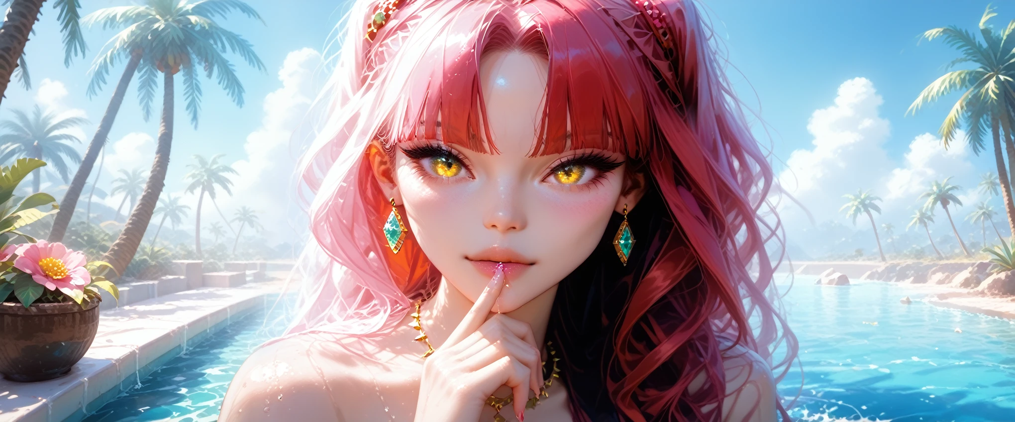 Beautiful Girl with a Nice Figure, Nearby Camel, sexy, Standing at an Oasis in the Desert Bowing His Head to Drink Water, scoops up water with his hand,looks at the viewer, Two hair colors(Bright red with yellow), The glitter falls on her,Very Colorful Picture, bright colors, masterpiece, Palm trees and greenery around the Oasis, Ripples on the water, Clear and Colorful Details, some Thorns and Flowers, pfstyle