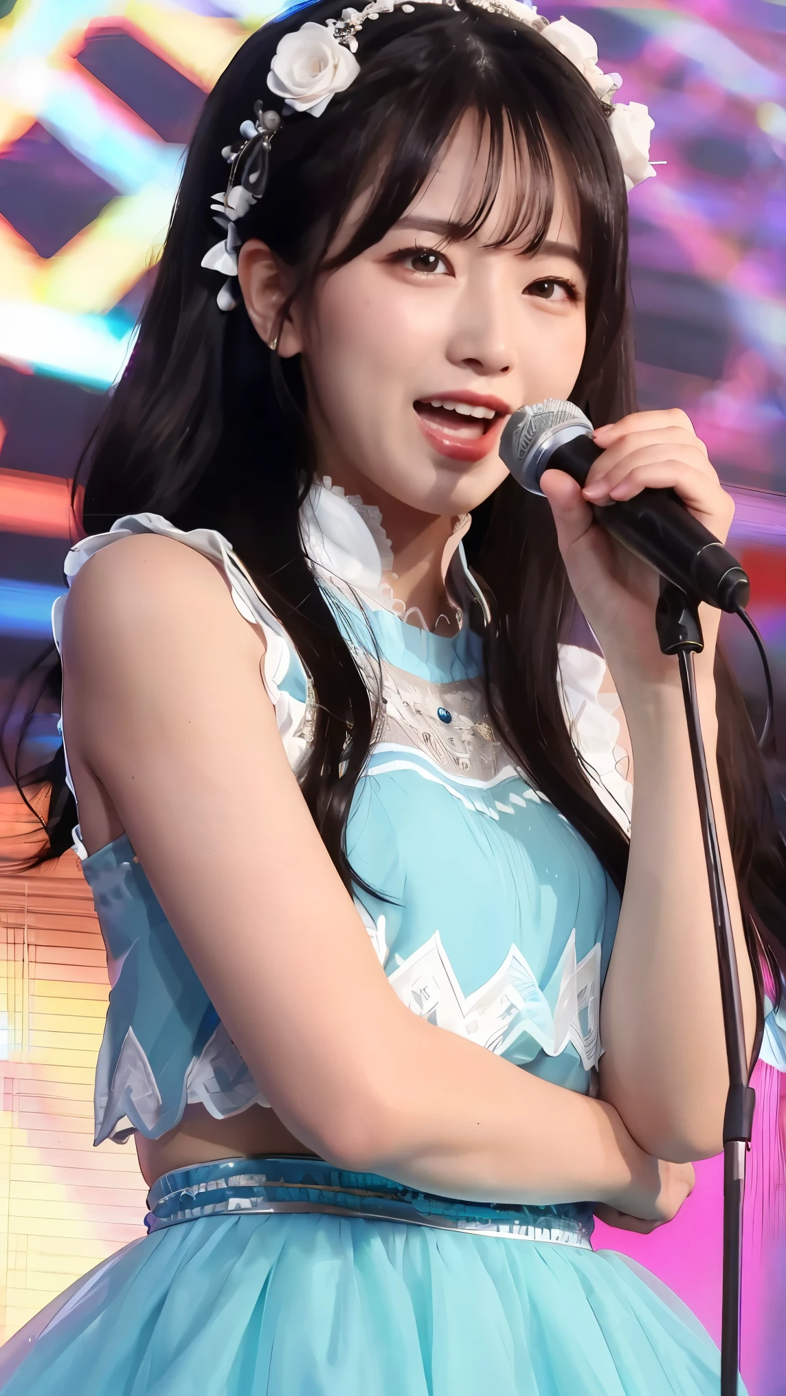 Very cute and beautiful K-POP female idols, Sing on the Gondola Live Stage,
break,
Face close-up, Singing scene, Dress scene, Looking at the audience,
break,
Idols depicted in vibrant colors, Colorful idol dresses, Expressing the singing voice of an idol with warm colors