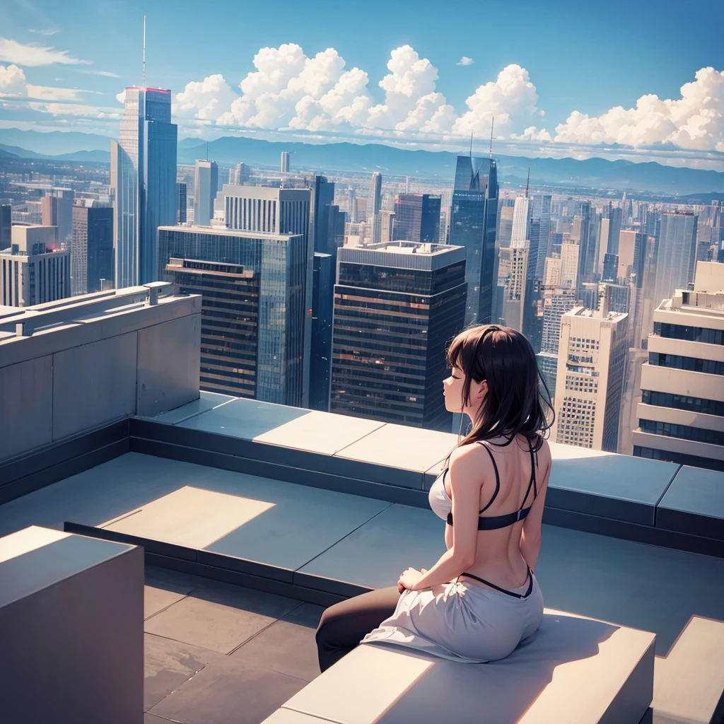 dreamer on a rooftop, skyline views, meditating