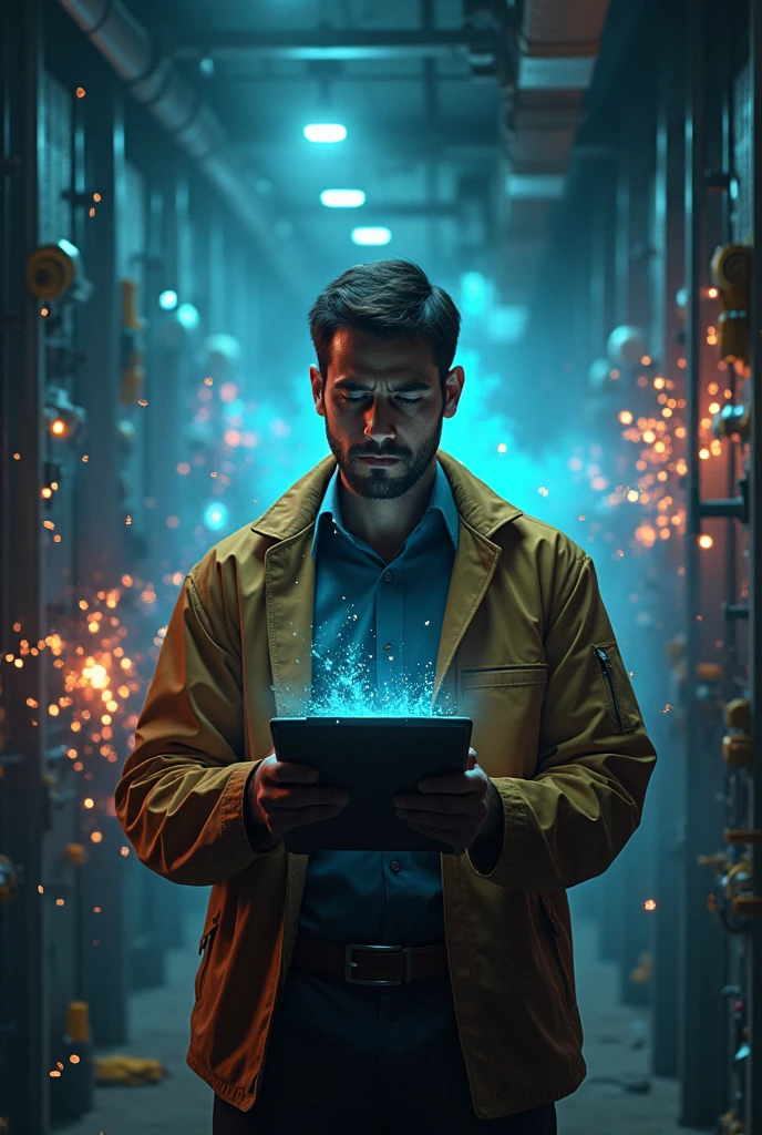 Generate an image of a male electrical engineer standing in front of a power room with sparks and electrical discharges in the background. He is wearing a concerned expression and holding his hands back while looking at a board or flex with 'ELECTRICAL & ELECTRONICS ENGINEERING' written on it. The atmosphere should be tense and dangerous, with a sense of high voltage and electricity in the air."