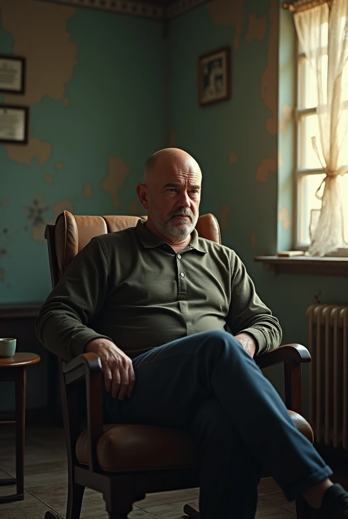 *The 45-year-old bald Chilean man from Ñuble, He is frustrated due to his lack of commitment as a father. He is in a small sad looking living room, surrounded by peeling walls and worn furniture. He is sitting in an old rocking chair and has a sad expression on his face.. His bald head shines in the light coming through the window*