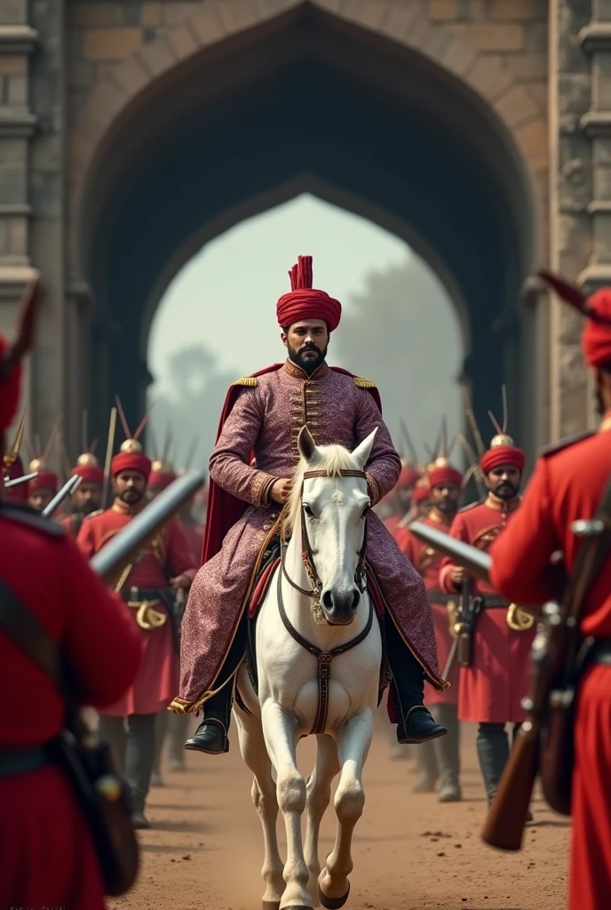 18th century Tipu Sultan of Mysore with bald head clean shaven head and face with imperial moustache wearing a silky red turban silky thin violet flower designed coat and white gown holding a turkish  arched steel sword on right hand riding a white horse surrounded  by his soldiers  with red turbans and ash violet woollen coats emerging from a 8 feet dark stone arched Indian tunnel charging towards the British soldiers in red uniform who are targeting and firing with muskets in cinematic UHD landscape resolution