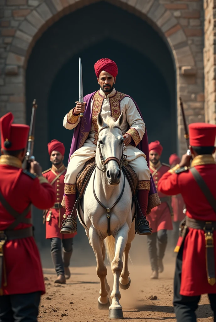 18th century Tipu Sultan of Mysore with bald head clean shaven head and face with imperial moustache wearing a silky red turban silky thin violet flower designed coat and white gown holding a turkish arched steel sword on right hand riding a white horse surrounded by his soldiers with red turbans and ash violet woollen coats emerging from a 8 feet dark stone arched Indian tunnel charging towards the British soldiers in red uniform who are targeting and firing with muskets in cinematic UHD landscape resolution