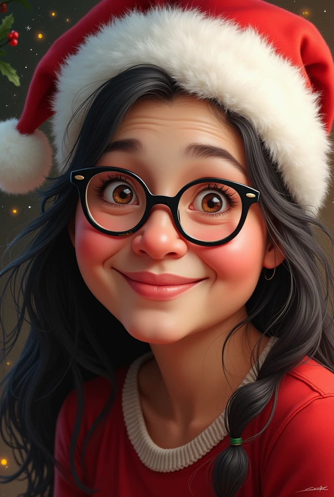 Create a detailed portrait of Mrs. She should have a warm and friendly expression, with friendly brown eyes and a gentle smile. Her face is round, with rosy cheeks,wears black glasses that show the warmth and joy of the Christmas season. She has black long hair , which may be peeking out from under a traditional red Santa hat with white fur. Your eyes should reflect wisdom and kindness, perhaps with a sparkle of festive spirit. Add subtle holiday elements like holly or snowflakes as part of their clothing or background