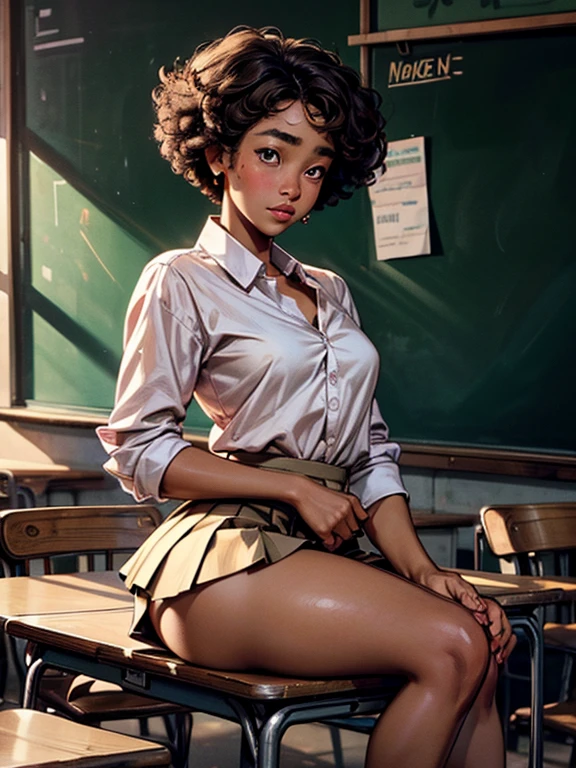 (Amandla Stenberg), young girl face, beautiful school girl, 1girl, light brown hair, blushing, raising her skirt, cute white panty visible, buttocks, cute bum, cute butt,detailed face, big detailed eyes, detailed eyes, detailed lips, pink lipgloss, long eyelashes, intricate uniform, white shirt, open collar, firm chest, e cup tits, small breasts, slim athletic body, black pleated skirt, slender thighs, (best quality,4k,8k,highres,masterpiece:1.2),ultra-detailed,(realistic,photorealistic,photo-realistic:1.37),HDR,UHD,studio lighting,ultra-fine painting,sharp focus,physically-based rendering,extreme detail description,professional,vivid colors,bokeh,photorealistic,elegant,cute,charming; classroom, benches, chalkboard writing, realistic detailed hands, dark brown skin,