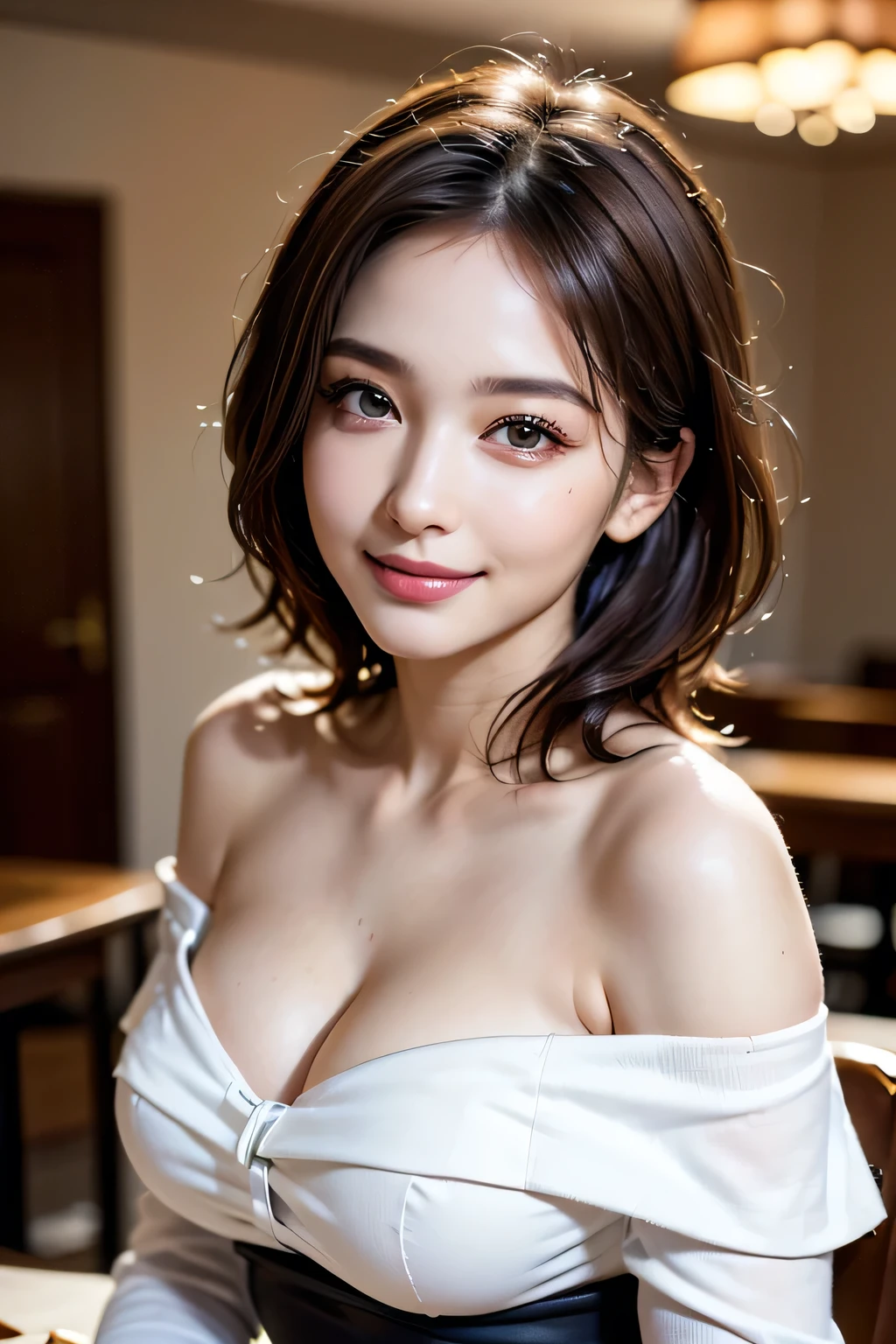 ((Realistic Light, Highest quality, 8k, Tabletop: 1.3)), 1 girl, Slim body beauty: 1.4, Brown Hair, (((Extra Large: 1.3)), Off-the-shoulder cut top: 1.3, Highly detailed face, Beautiful Eyes, double eyelid, My Room, smile, Saggy breasts, (((beauty of Saggy breasts))