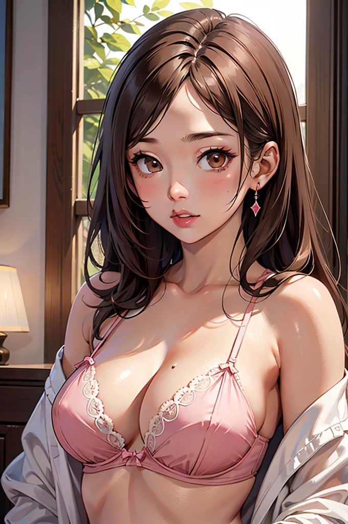 (best quality, masterpiece, absurd, ultra-detailed, intricate details, ultra-high),  a young Asian woman ( beautiful, light brown hair, brown eyes and fair skin, is 20 years old) , in pink lace lingerie