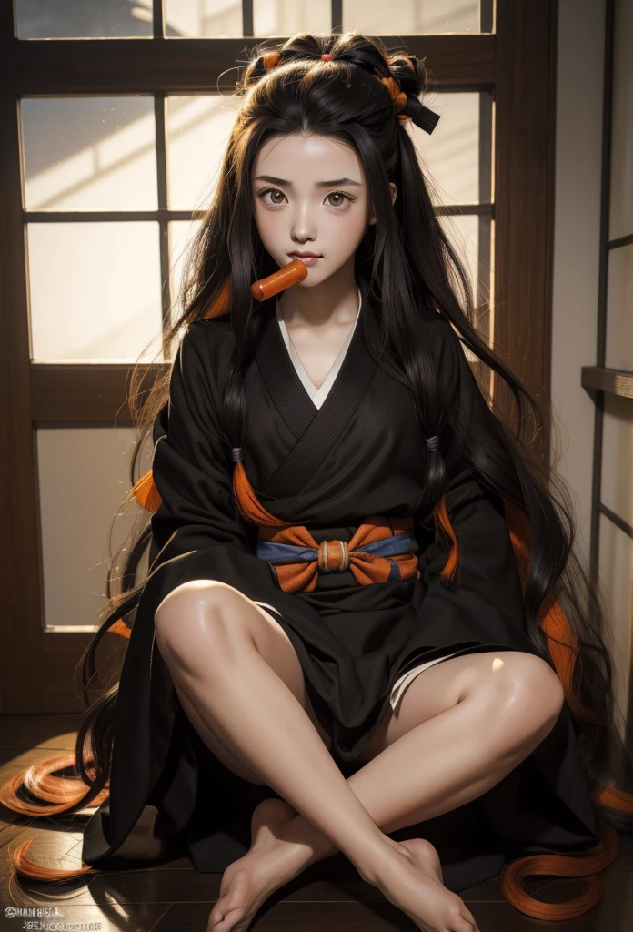 Masterpiece,Solo,One Girl,Nezuko Kamado,(Kimetsu No Yaiba),Perfect Body,Ultra High Quality,Ultra High Resolution,Photograph 16K,Ultra Detailed,Long Hair,Multicolored Hair,Black Orange Hair,Gagged, Bamboo,Gag,Sexy Suit