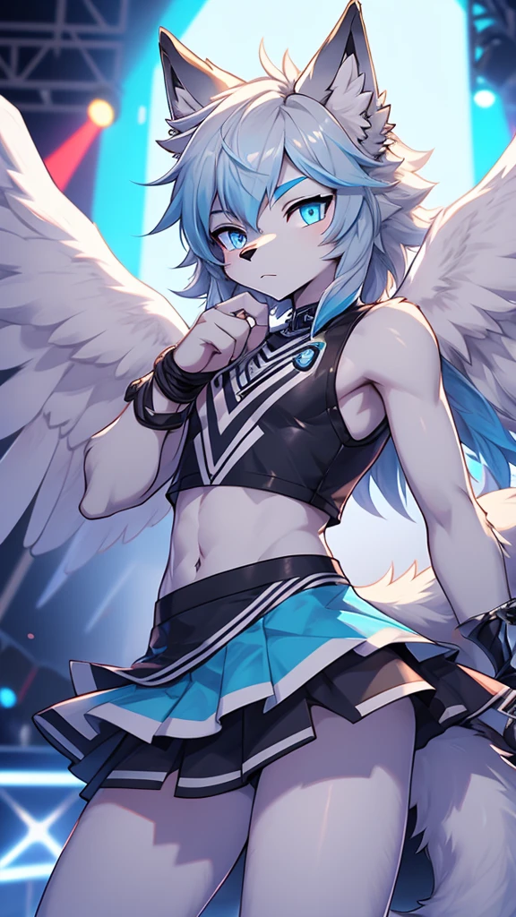 femboy, wolf boy, male, flat chested, grey fur, white feathered wings, blue eyes, crop top, mini skirt, rave setting,