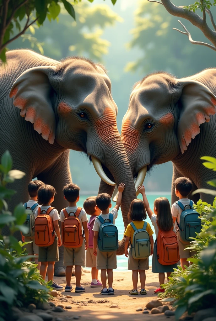 Students with elephant