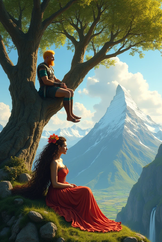 A Celt with very strong yellow hair rests sitting in the tree And A brunette girl, with a very attractive body and long curly hair that almost touches her feet , she is under the shade of a gigantic tree the size of Everest. The tree is on the highest mountain above the clouds almost in the sky, the view is stunning both of the landscape and the girl&#39;s beautiful body, your hair moves in the gentle breeze and the sun shines on it, She is extremely sexy dressed as a princess and in her hair she has a bow with brightly colored flowers, Although she is short, she has a big ass and beautiful breasts, she admires the distant green fields and waterfalls full of life, sitting in the tree a man with yellow hair rests from a battle 