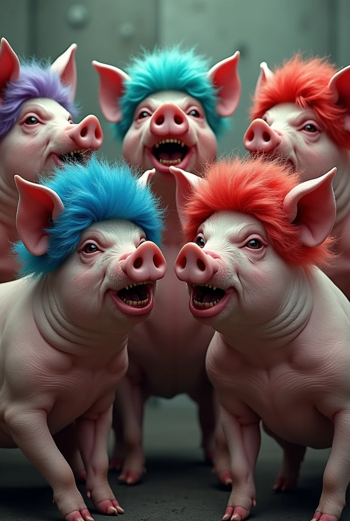 A group of angry pigs wearing wigs, more angry, with human bodies, with colored hair