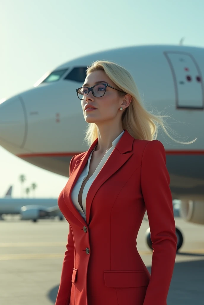 Ultra realistic 4k image of girl wearing dress of air hostess with big tits standing near aeroplane with blonde hairs and spectacles .