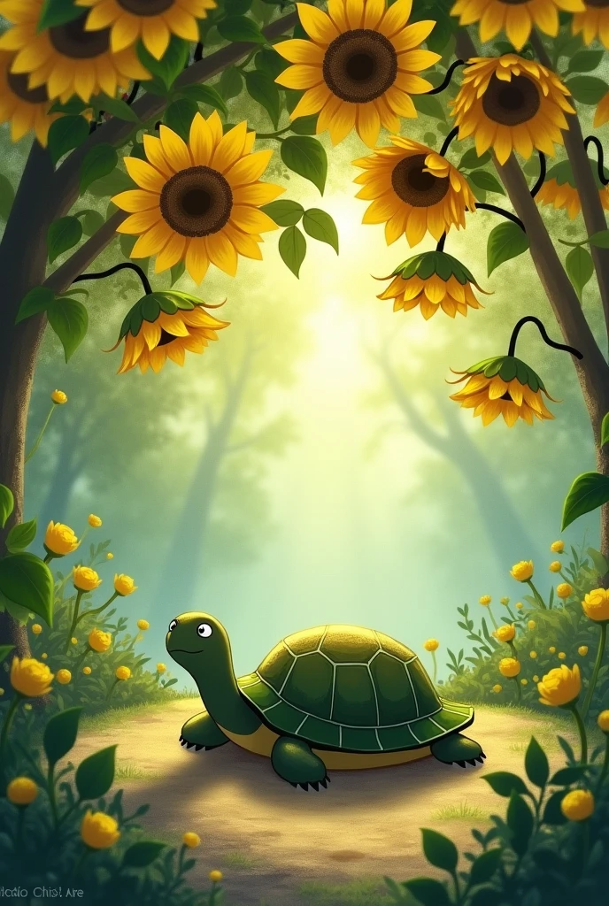Turtle sitting under the sunflower tree ghibli
